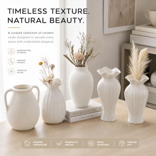 White Ceramic Vase for Pampas Grass, 9.2 Inch Wavy Textured Vase Gift - color: Windblown Texture Vase