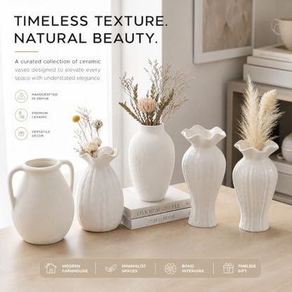 White Ceramic Vase for Pampas Grass, 9.2 Inch Wavy Textured Vase Gift - color: Windblown Texture Vase