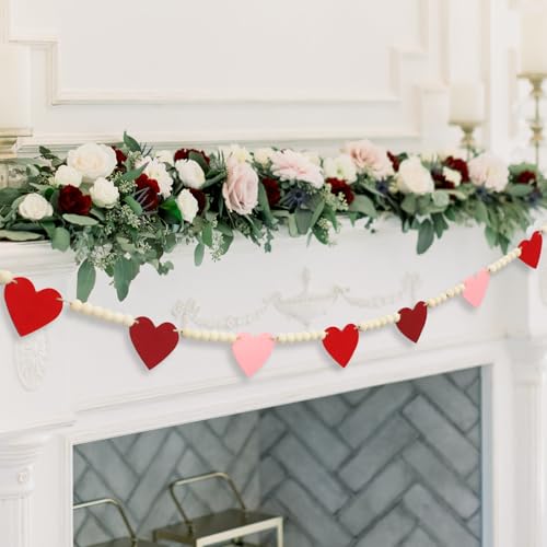 DAZONGE Valentines Day Decorations, Wood Bead Garland with Felt Hearts for Valentine Decor, Red and Pink Farmhouse Valentine’s Day Banner for Wedding, Anniversary Decorations - color: Red