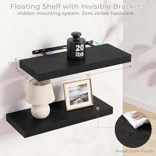 Vivelove 8 Inch Deep Floating Shelves Black, 16 x 8, Set of 2 - color: Black, size: 16"Wx8"Dx1.4"H
