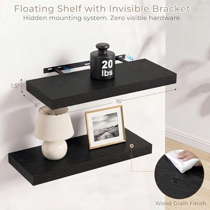 Vivelove 8 Inch Deep Floating Shelves Black, 16 x 8, Set of 2 - color: Black, size: 16"Wx8"Dx1.4"H