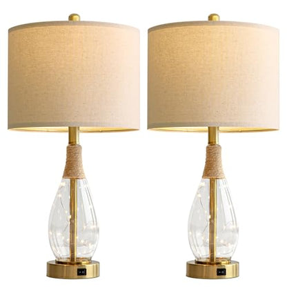 OYEARS 23" Table Lamps for Living Room Set of 2 Bedside Lamps for Night Stands Bedroom Lamps Farmhouse Rattan Boho Lamp Glass Nightlight End Table Lamp with USB C+A (Gold),Two Light Points - color: Light Gold