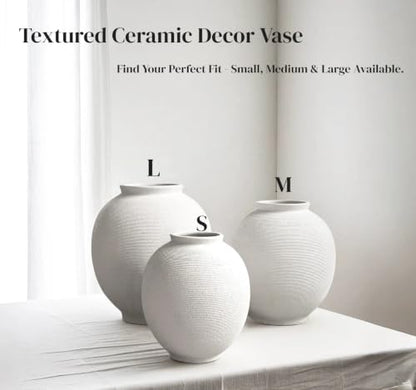White Ceramic Vase, 9.8" Large, Round, Sandstone White - color: White-9.8", size: 9.8"-Oval
