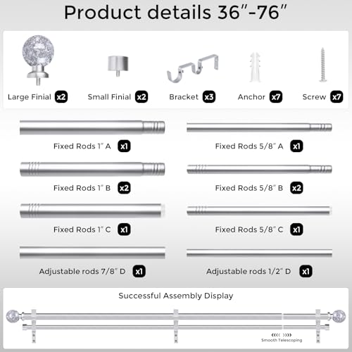 Double Curtain Rod 36-76 Inch, Adjustable Crystal Dual Rod, Silver - color: Silver, size: 36"-76"