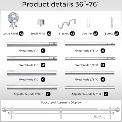 Double Curtain Rod 36-76 Inch, Adjustable Crystal Dual Rod, Silver - color: Silver, size: 36"-76"