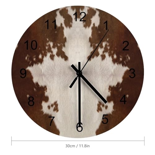 Cow Print Wall Clock Silent Non Ticking Battery Operated, Rustic Farm Brown White Cowhide Animal Fur Western Clock Decorative for Bathroom Kitchen Bedroom Living Room(12 Inch) - color: Cow Print-2