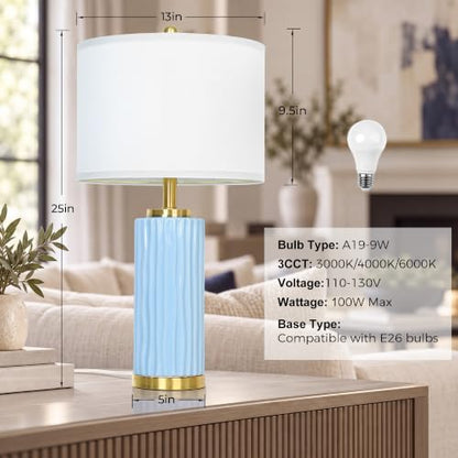 Light Blue Ceramic Table Lamp 25in 3 Color Temperature 9W LED Bulb Included - color: Light Blue-25"