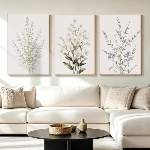 LAATOZ Neutral Framed Canvas Wall Art Flower Painting,Floral Boho Wall Decor for Living Room Bedroom Bathroom Office Hallway Stairs 16x24 Inch 3 Panels - color: Flower, size: 16" W x 24" H