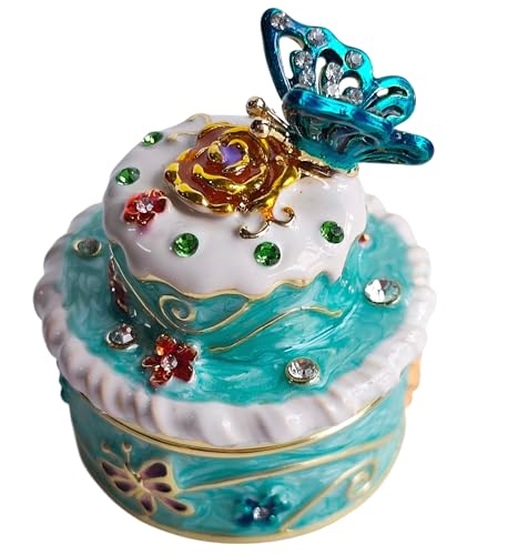 Cute Enamel Hinged Trinket Jewelry Box Cake Ring Holder Unique Home Decor Figurine Keepsake Collectible, Personalized Handmade Decoration Ornament Gifts Blue - color: Blue