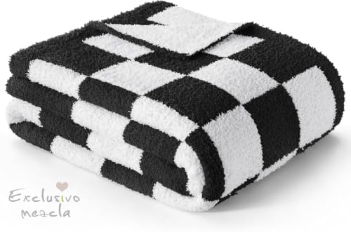 Exclusivo Mezcla Checkered Knit Blanket Twin Size for Bed, Black - color: Black, size: Twin (60"x80")