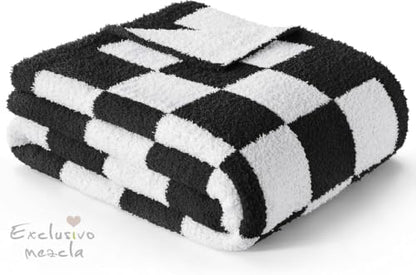 Exclusivo Mezcla Checkered Knit Blanket Twin Size for Bed, Black - color: Black, size: Twin (60"x80")