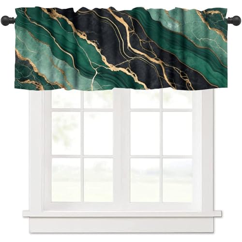 Green Black Marble Valance, Abstract Liquid Golden Lines Marble Blackout Short Thermal Insulated Rod Pocket Short Window Curtain for Cafe Bedroom Kitchen, 54x18inch - color: Marble-13