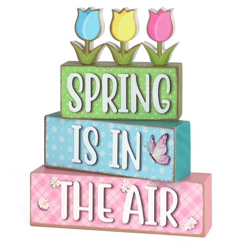 6 Pcs Spring Decorations for Home Wooden Tulips Flower Table Centerpieces Farmhouse Wood Block Signs Pastel Tulip Tabletop Easter Decor Indoor Tiered Tray Office Desk Shelf Mantel Fireplace Kitchen