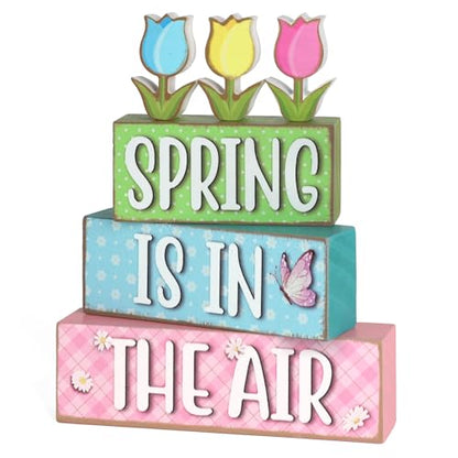 6 Pcs Spring Decorations for Home Wooden Tulips Flower Table Centerpieces Farmhouse Wood Block Signs Pastel Tulip Tabletop Easter Decor Indoor Tiered Tray Office Desk Shelf Mantel Fireplace Kitchen