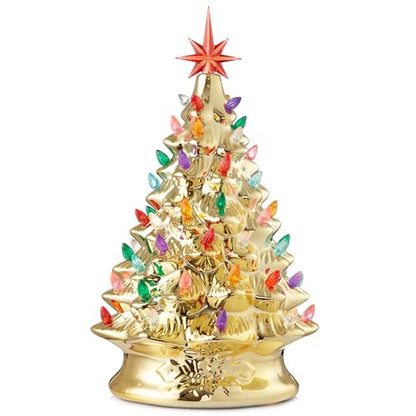 Casafield Hand Painted Ceramic Christmas Tree, Gold 15-Inch Pre-Lit Tree with 128 Multi Color Lights and 2 Star Toppers - color: Gold