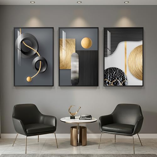 Framed Black and Gold Modern Abstract Wall Art for Living Room, 24x36 In - color: Black Gold Structure Set, size: 24" W x 36" H x 3 pieces