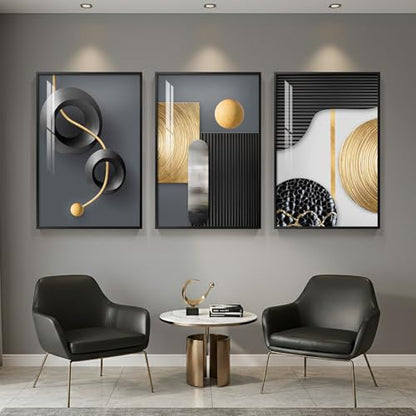 Framed Black and Gold Modern Abstract Wall Art for Living Room, 24x36 In - color: Black Gold Structure Set, size: 24" W x 36" H x 3 pieces