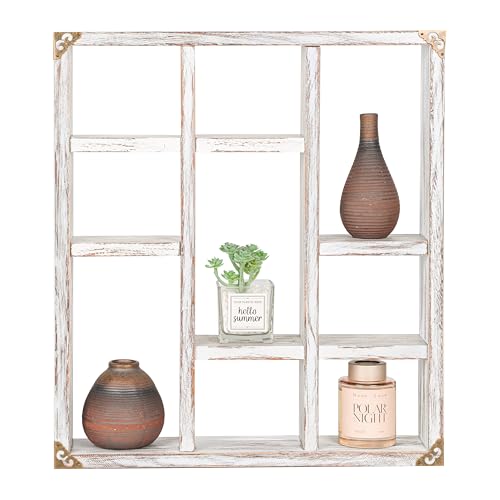 17.7x15.7-Inch Shadow Box Shelf 9-Slot Rustic Wood Floating Shelves Larger Shelf Lightweight Solid Wood Display(Set of 2,9C-Rustic White) - color: 9c-rustic White, size: 2 PCS