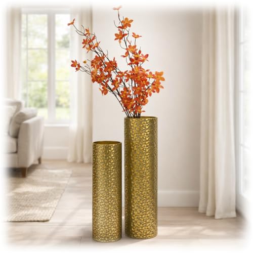 Leewadee Set of 2 Large Floor Vases Metal for Pampas Grass - color: Gold