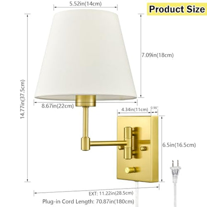 SAMTEEN Modern Gold Plug in Wall Sconces with Linen Shade Set of Two - color: Gold