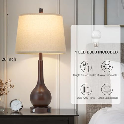 26" Brown Table Lamp Single, Touch Control Bedside Lamp for Bedroom Nightstand, 3-Way Dimmable Farmhouse Lamp for Living Room with Charging Port (1 Pack) - color: Brown - 26"H - 1 Pack