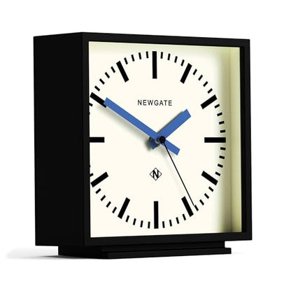 NEWGATE® Amp Desk Clock | Square Station Clock Design | Black case with Blue Hands | Modern Style for Desk, Table top, Mantel, Shelf or Bedside - color: Matt Black Case With Cream Dial (Blue)