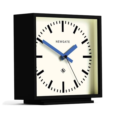 NEWGATE® Amp Desk Clock | Square Station Clock Design | Black case with Blue Hands | Modern Style for Desk, Table top, Mantel, Shelf or Bedside - color: Matt Black Case With Cream Dial (Blue)