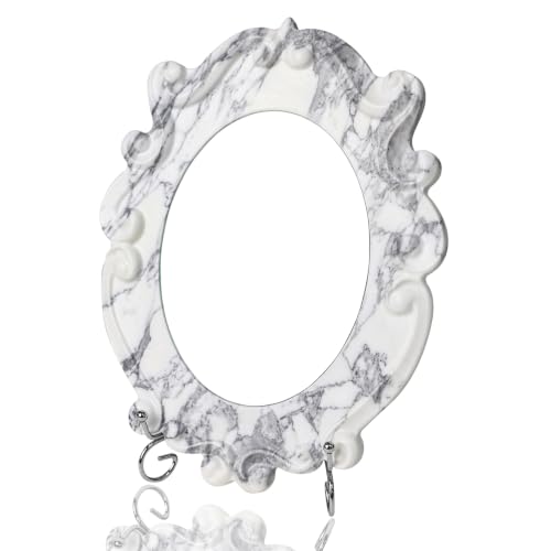 Vintage Marble Mirror For Tabletop, Natural Stone Desk Mirror 12.8" x 9.8" | Marble Makeup Mirror with Stand, Oval Antique Vanity Mirror for Vanity, Baroque Mirror for Bedroom/Living Room, Mirror & Tray - color: Arabescato