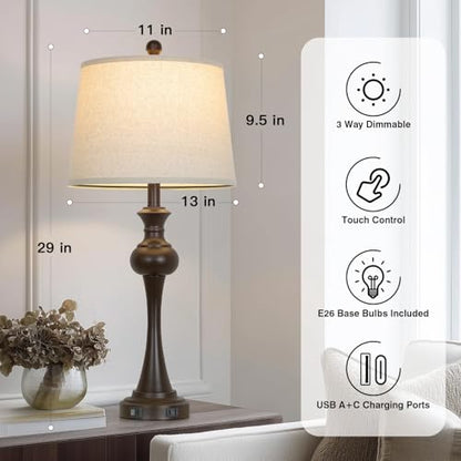 CINSARY Brown Table Lamps Set of 2, 29" Bedside Lamps with USB C+A - color: Brown-Set of 2