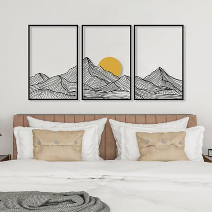 DecoSoul Mountain and Sun Metal Wall Art, Set of 3 Nature Minimalist Home Decor, Mountain Range Panels Modern Wall Art, Sunset Sunrise Framed for Living Room, Housewarming Gift - style: Mountain and Sun