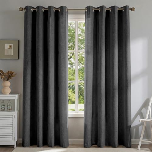 PFAS Free Black Linen Curtains 63 inch Length 2 Panels Set 100% Blackout Long Drapes for Bedroom Living Room Blackout Darkening Curtain Thermal Insulated (52x63 inch,Black) - color: Black, size: 52"W x 63"L (Pack of 2)