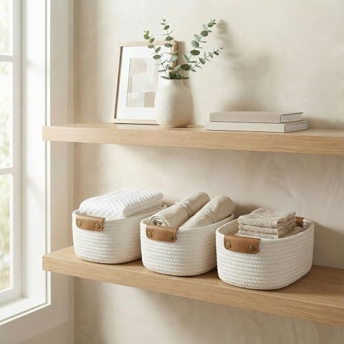 Beautiful Storage Basket Set of 3 - Sturdy Rope Baskets for Shelves - color: Beige
