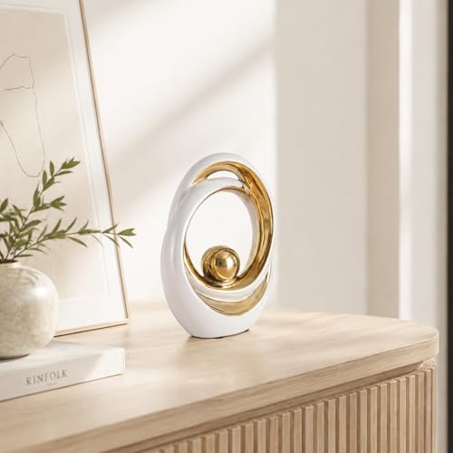 White and Gold Ceramic Abstract Sculpture for Home Decor, Modern Loop Art Tabletop Decorative Object for Entryway Table, TV Stand, Mantel, Coffee Table Centerpiece