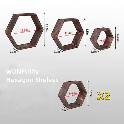 WONFUlity Hexagon Floating Shelves, Hexagonal Shelf Wall Mounted Storage - color: Brown, size: 8PC