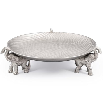 Silvery Tray with Elephant Stand - Round Decorative Aluminum Coffee Table - color: Silvery