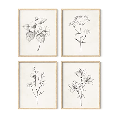 HAUS AND HUES Grey Floral Wall Art - Set of 4 Plant Posters for Wall Vintage, Botanical Prints, Black and White Flower Pictures for Room Aesthetic, Farmhouse Bathroom, Rustic Art (Beige Frame, 8x10) - color: Antique Flower Drawings, size: 8x10, style: Bei
