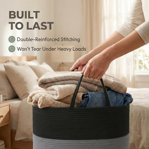 JMvicyroam 65L Extra Large Machine Washable Cotton Rope Blanket Basket - color: Black&Grey, size: 65L