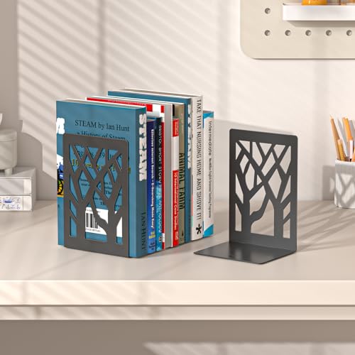 VFINE 8-Piece Metal Bookends for Shelves, Black Tree Book Ends for Books, Decorative Desk Book Organizer, Non-Skid Shelve Bookends for Home Office Shcool Supplies - style: Black bookend 4 pairs