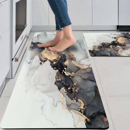 Mrcrypos 2 Pieces Luxury Black and Gold Marble Kitchen Mats PVC Leather - color: Black Marble, size: 17" W x 29" L + 17" W x 47" L