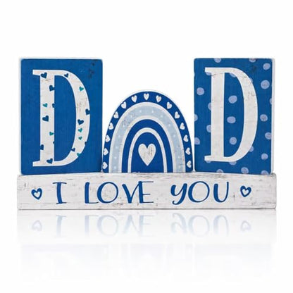 Smile Father's Day Wooden Table Decor "DAD", "I LOVE YOU", Blue Rainbow Desktop Signs Tabletop Decorations for Home Office Shelf Gift for Dad Husband Grandpa - style: Letter Dad