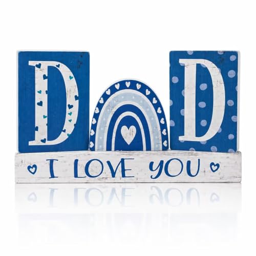 Smile Father's Day Wooden Table Decor "DAD", "I LOVE YOU", Blue Rainbow Desktop Signs Tabletop Decorations for Home Office Shelf Gift for Dad Husband Grandpa - style: Letter Dad