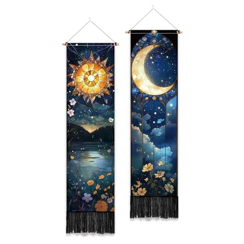 PLIGREAT 2 Pack Sun Moon Tapestry with Tassels, 52" x 13" Stained Glass Aesthetic Wall Hanging Vertical Flower Home Art Tapestry for Bedroom Living Room Bathroom Long Narrow Wall Hanging Art Decor - color: blue,yellow