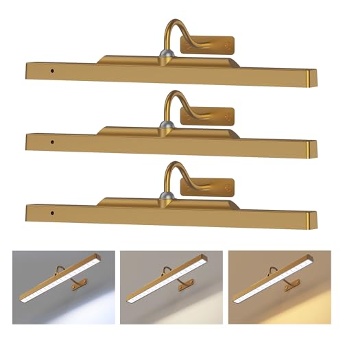 Picture Light Battery Rechargeable, 3Pack Picture Light for Wall with Remote, 3 Color Modes and Dimmable Classic Art Lights for Paintings, Pictures in Gallery, Bedroom, with Timer_Antique Gold - color: Antique Gold, size: 3 Pack