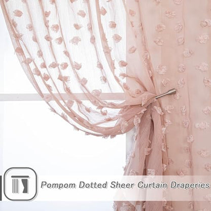 MYSKY HOME Pink Sheer Curtains for Girls with Pom Pom 36Wx54L,2 Panels - color: 1-dusty Pink, size: 36"W x 54"L (Pack of 2)