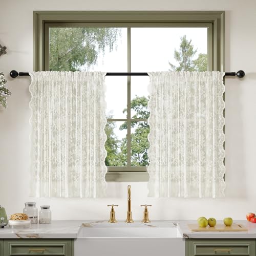 Anmao Vintage Lace Kitchen Curtains 36 Inches Long 2 Panels, Romantic Semi Sheer Floral Over Sink Lacy Cafe Curtain, Elegant Window Short Small Drapes, 55W x 36L, Ivory White - color: Ivory White Plum, size: 55"W x 36"L (Pack of 2)