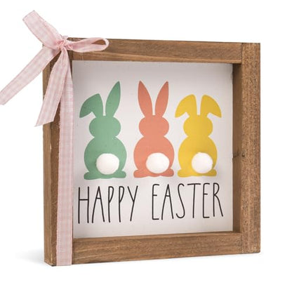 caiydramy Happy Easter Sign, Wooden Easter Bunny Decor with 3D Pom Pom Tail, Spring Wood Decorative Signage Indoor Table Wall Art Shelf Tiered Tray Office Desk Mantel Rustic Farmhouse Home Decorations