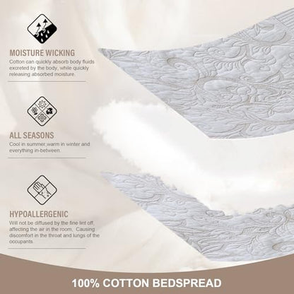 100% Cotton Oversized Bedspread Quilt Coverlet Set, 128"x120" - color: White/Beige Embroidery, size: Extra Wide Super King(128"x120")