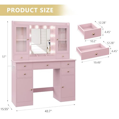Xixini 44" Vanity Desk with Mirror & Lights, Glass Storage Cabinets, Pink - color: Pink