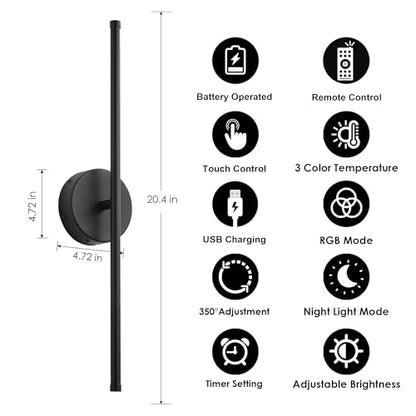 KARTOOSH Battery Operated Wall Sconces Set of Two Wireless Wall Lights - color: Black (RGB Colors), size: 20.4 Inches