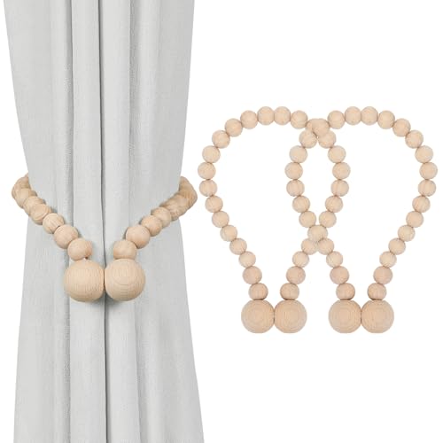 KLOGTSIND Magnetic Curtain Tiebacks, 2 Pack Wood Bead Curtain Holdbacks - color: Beechwood
